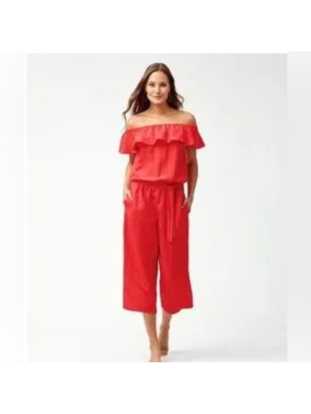Tommy Bahama Romper Red Linen Women Sz SMALL Off The Shoulder Cropped Jumpsuit